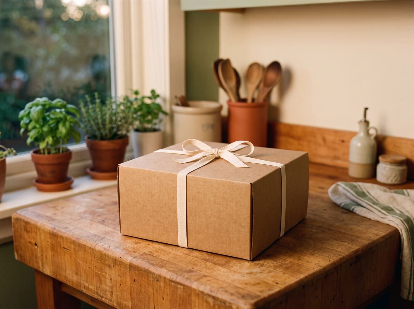 A plain cardboard box tied with a ribbon, ready to be handed over.