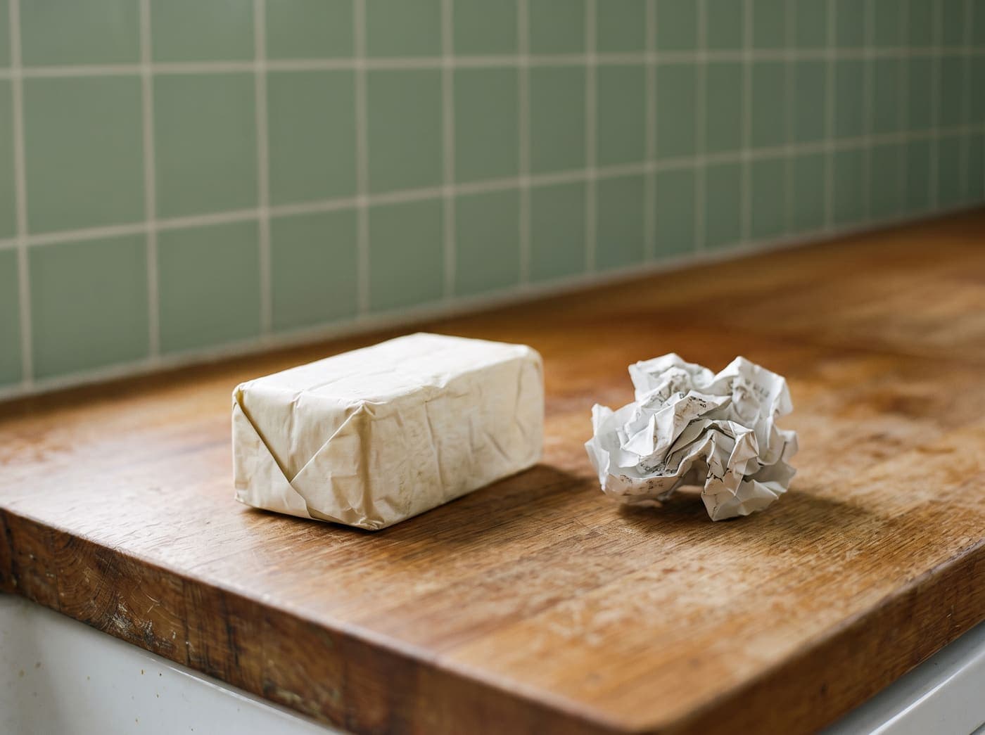 A block of butter and a crumpled shop receipt on a kitchen counter.