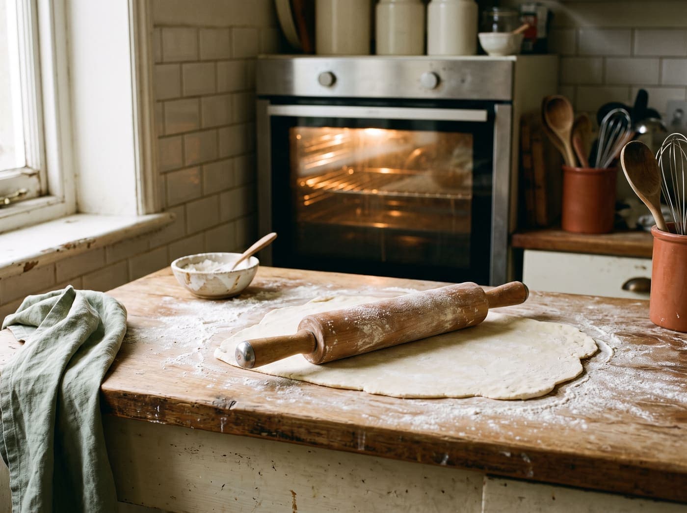 Pastry rolled out on a floured wooden counter, the oven warming behind it.