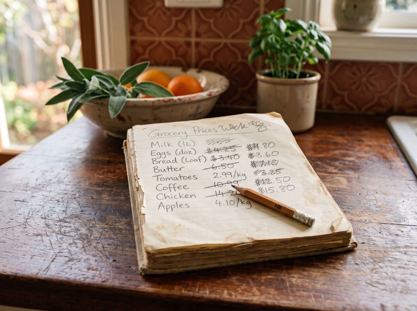 A worn notebook of handwritten grocery prices, several crossed out and rewritten.